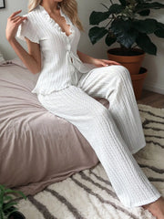 Solid Ruffles Bow Short Sleeve Cinched waist Pajama Pants Set