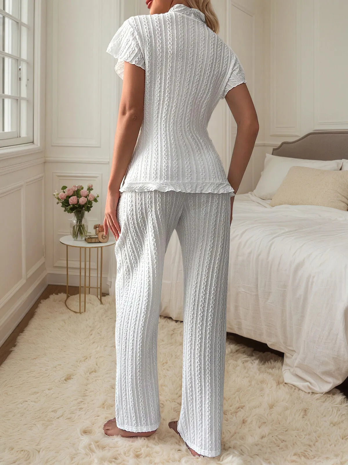 Solid Ruffles Bow Short Sleeve Cinched waist Pajama Pants Set