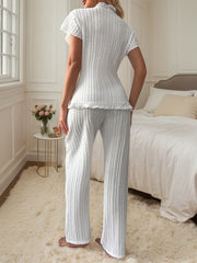 Solid Ruffles Bow Short Sleeve Cinched waist Pajama Pants Set