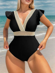 Solid Ruffles High Rise V-neck One-piece
