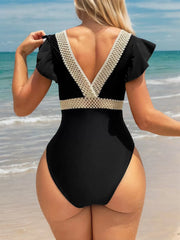 Solid Ruffles High Rise V-neck One-piece