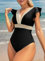 Solid Ruffles High Rise V-neck One-piece