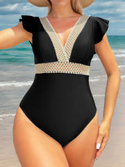 Solid Ruffles High Rise V-neck One-piece