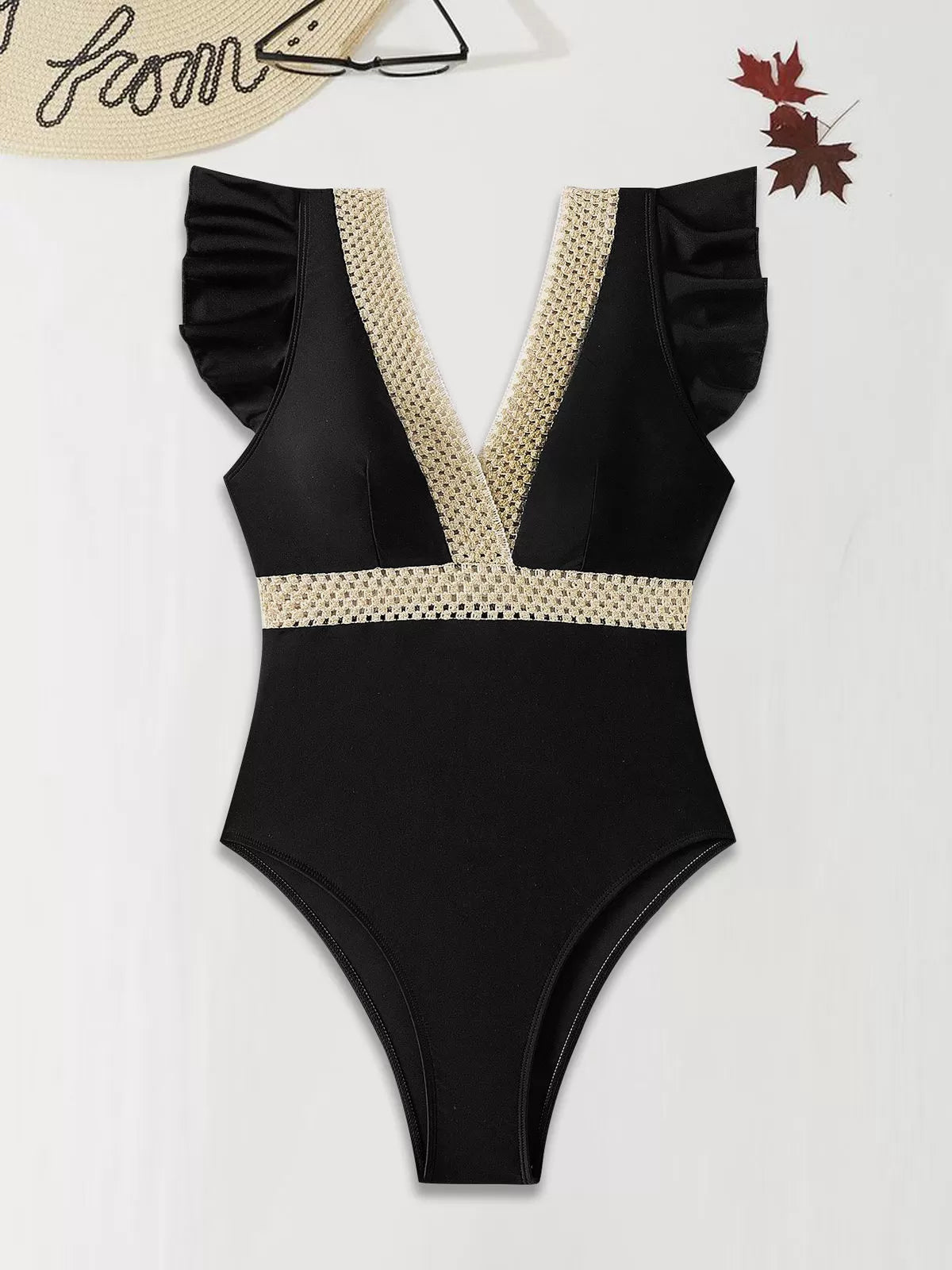 Solid Ruffles High Rise V-neck One-piece