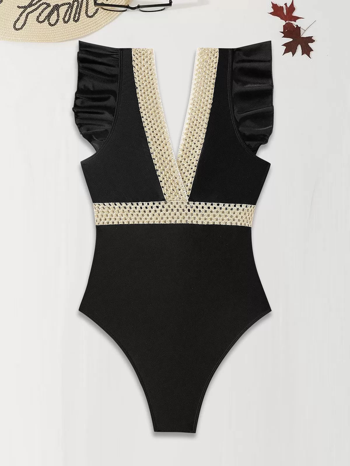 Solid Ruffles High Rise V-neck One-piece