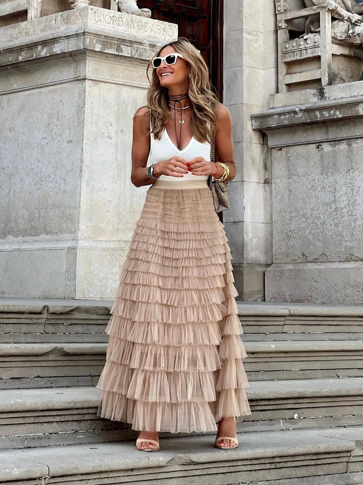 Holiday Party Solid Ruffle Hem Tiered Layer High Waist Long Skirt