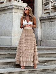 Holiday Party Solid Ruffle Hem Tiered Layer High Waist Long Skirt