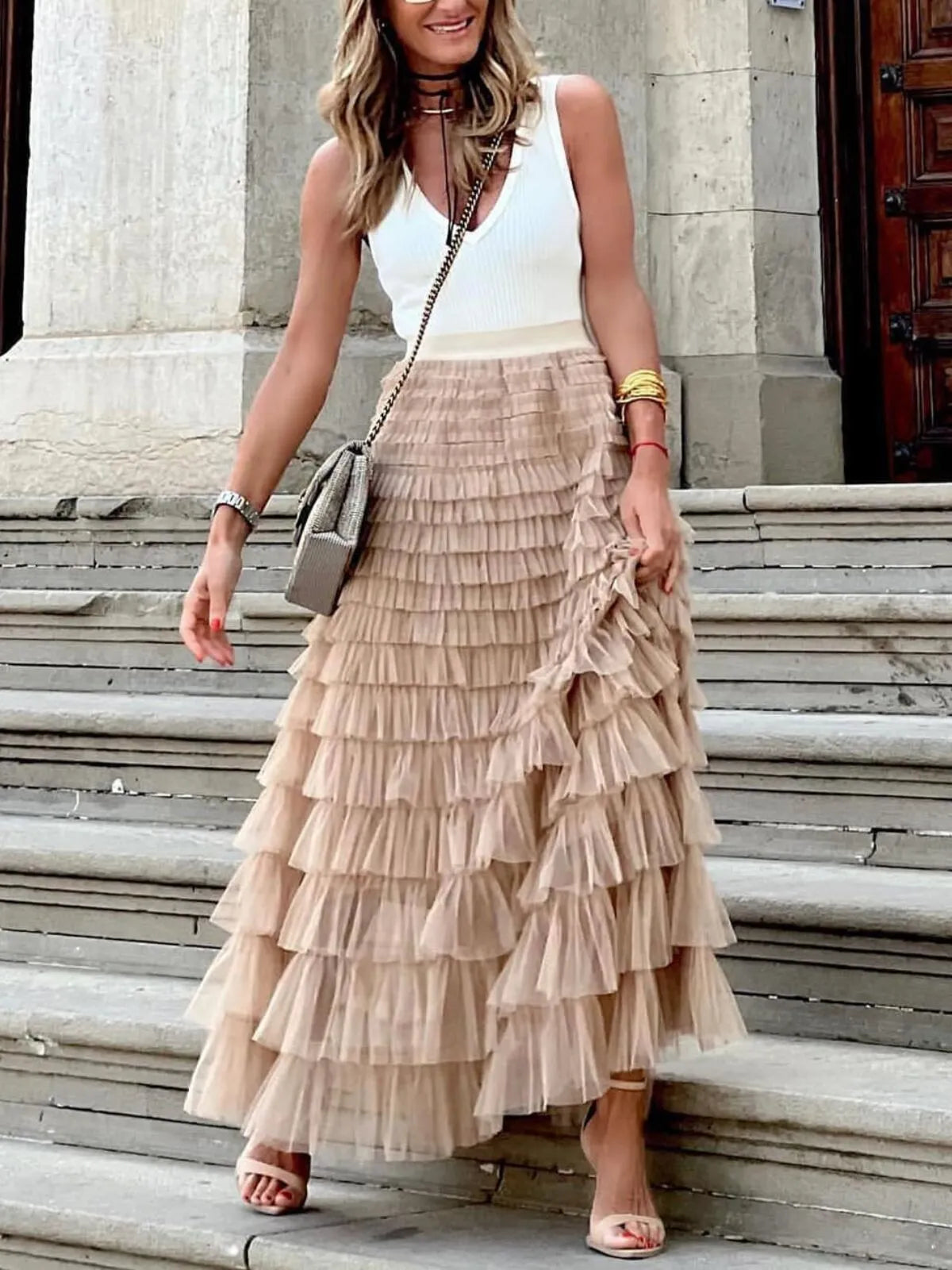 Holiday Party Solid Ruffle Hem Tiered Layer High Waist Long Skirt