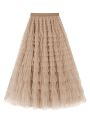 Holiday Party Solid Ruffle Hem Tiered Layer High Waist Long Skirt
