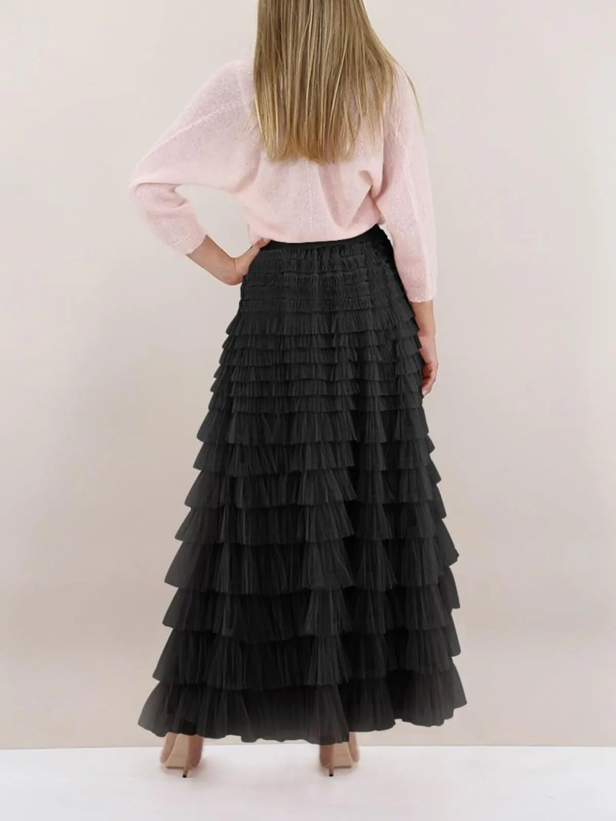 Holiday Party Solid Ruffle Hem Tiered Layer High Waist Long Skirt