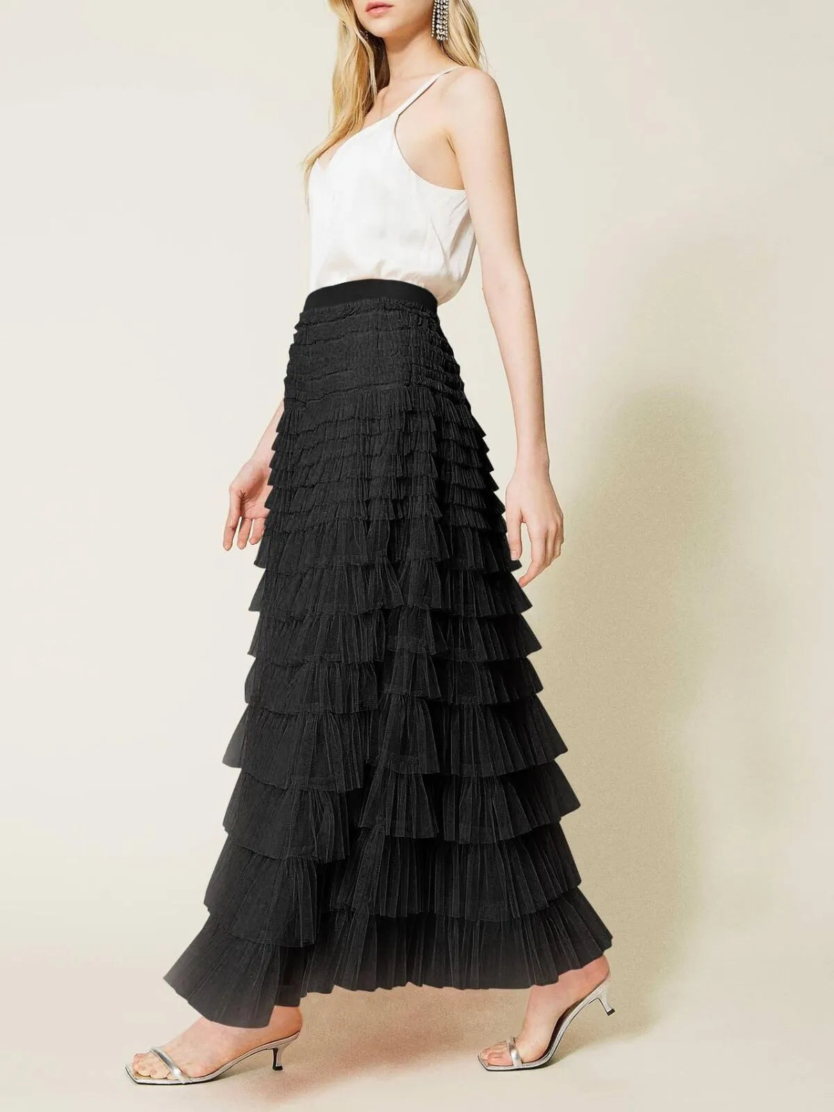 Holiday Party Solid Ruffle Hem Tiered Layer High Waist Long Skirt