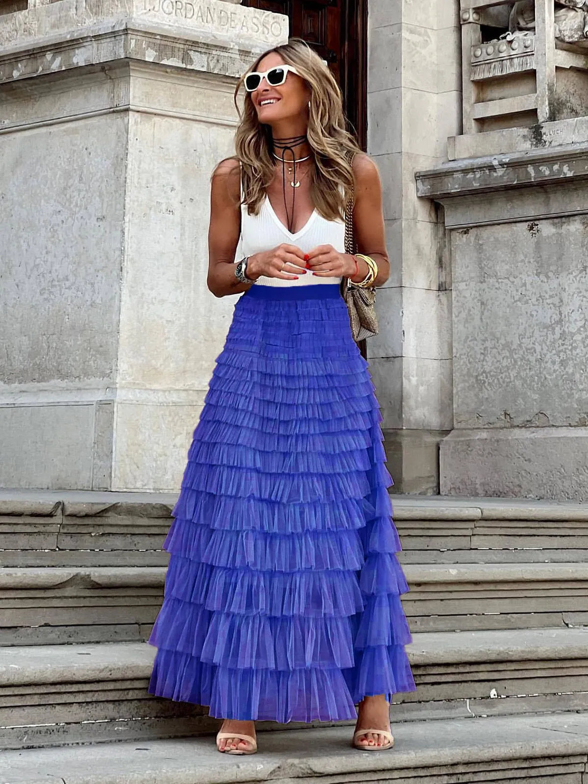 Holiday Party Solid Ruffle Hem Tiered Layer High Waist Long Skirt