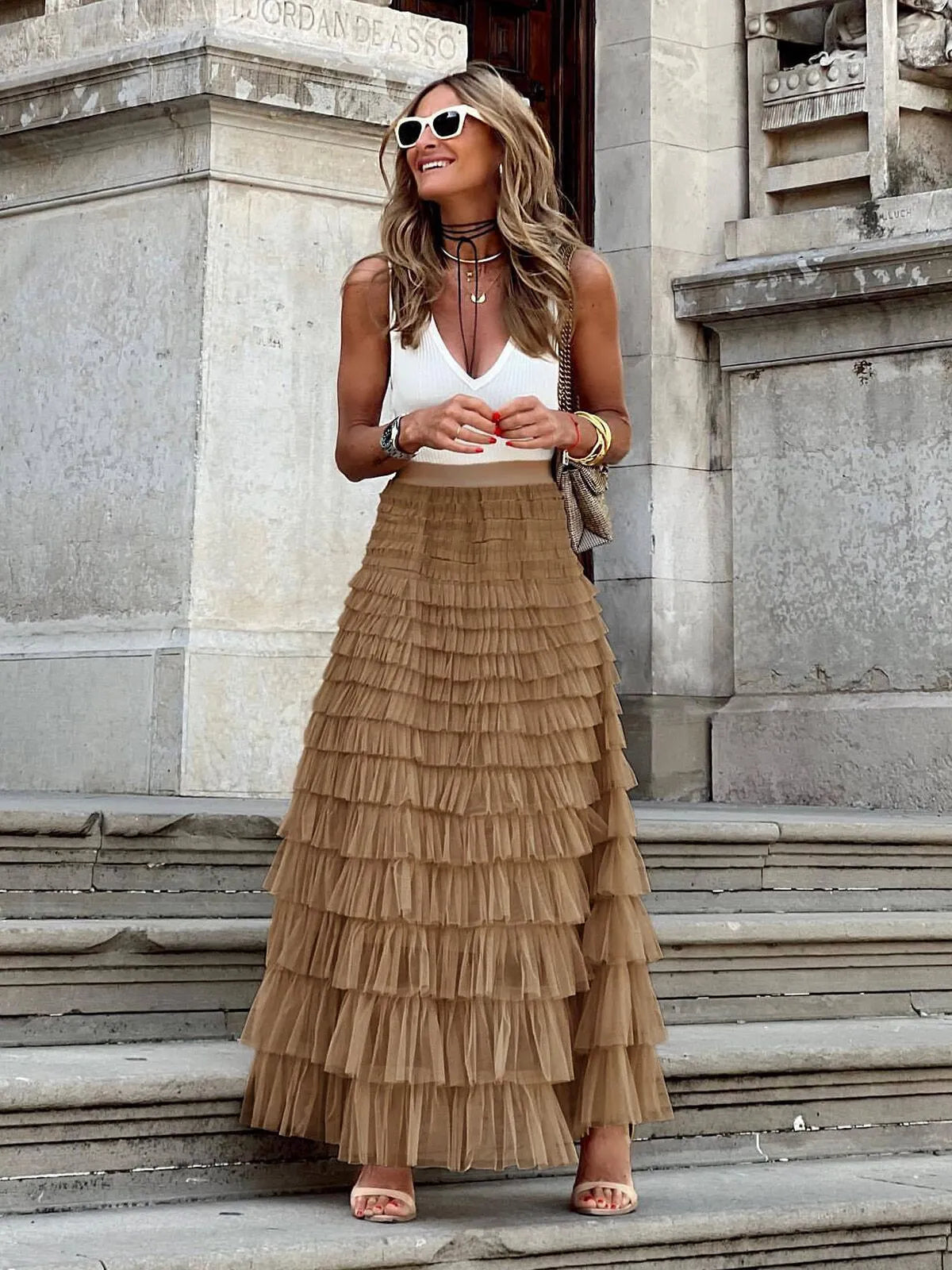 Holiday Party Solid Ruffle Hem Tiered Layer High Waist Long Skirt