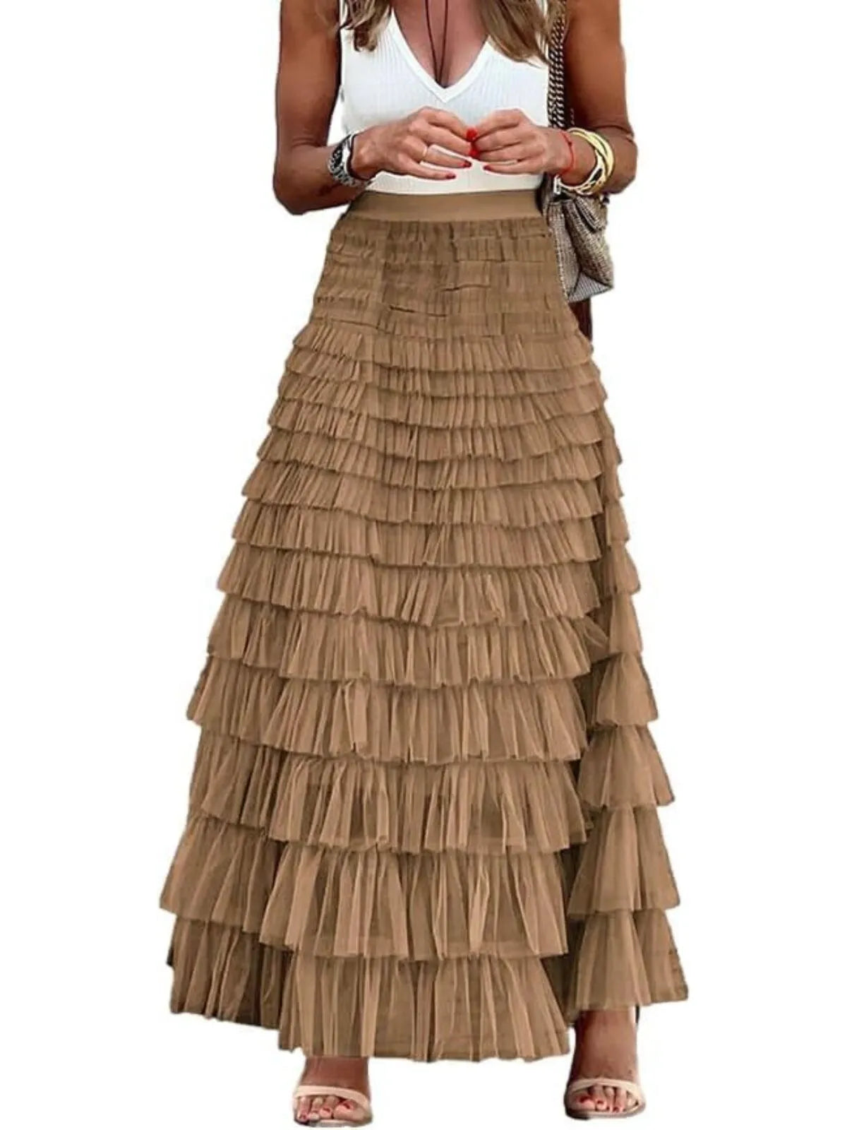 Holiday Party Solid Ruffle Hem Tiered Layer High Waist Long Skirt