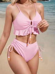 Solid Ruffles High Rise Spaghetti Strap Bikini