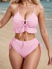 Solid Ruffles High Rise Spaghetti Strap Bikini