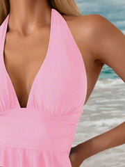 Solid Ruffles High Rise Halter Tankini