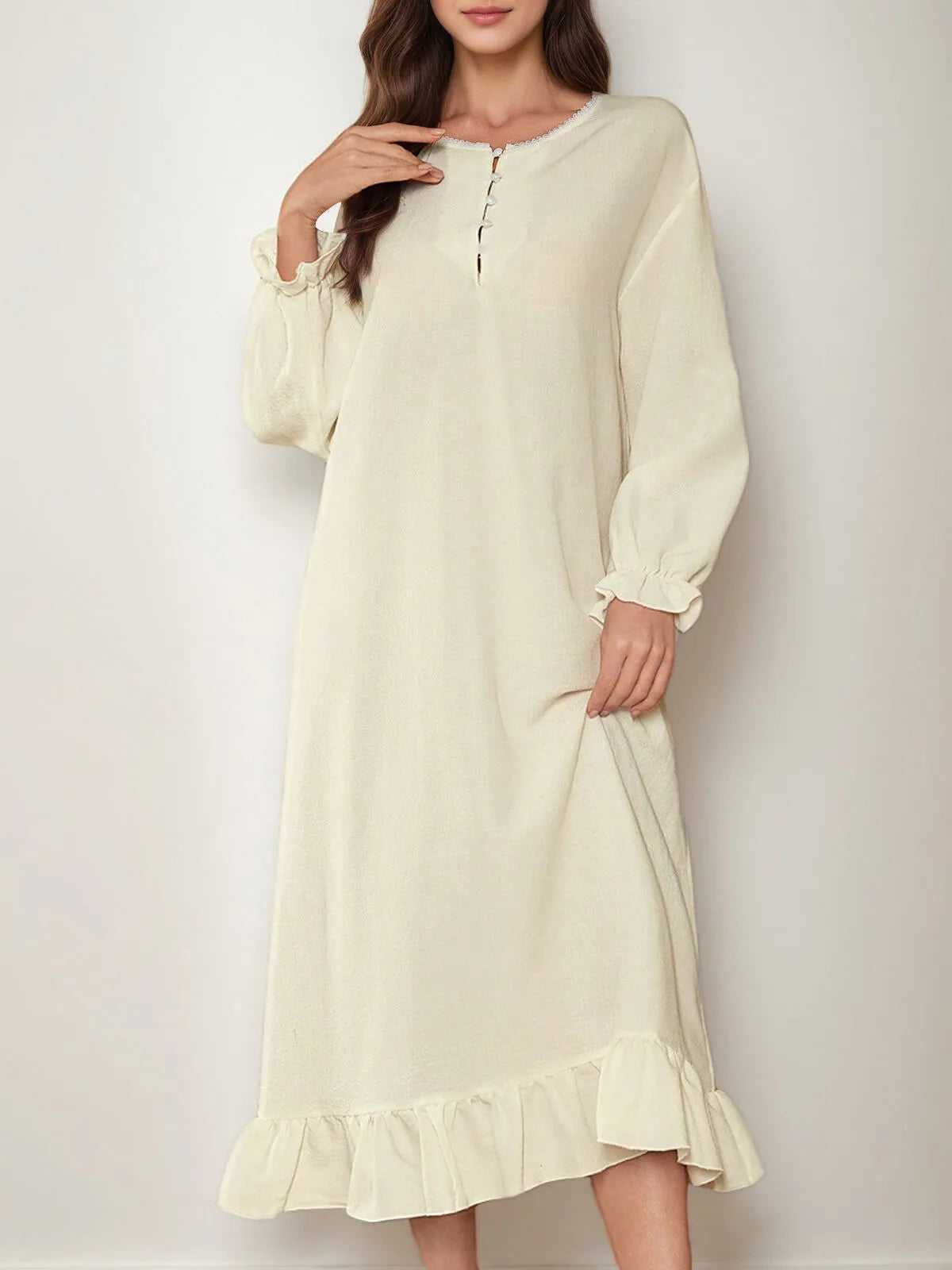 Solid Ruffles Lantern Long Sleeve Nightgown