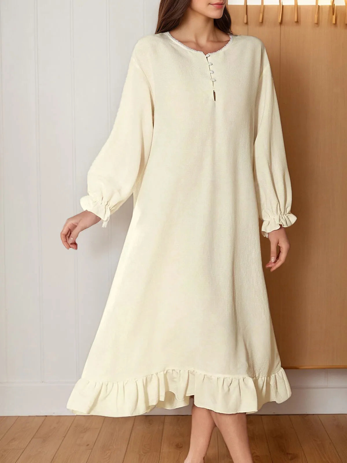 Solid Ruffles Lantern Long Sleeve Nightgown