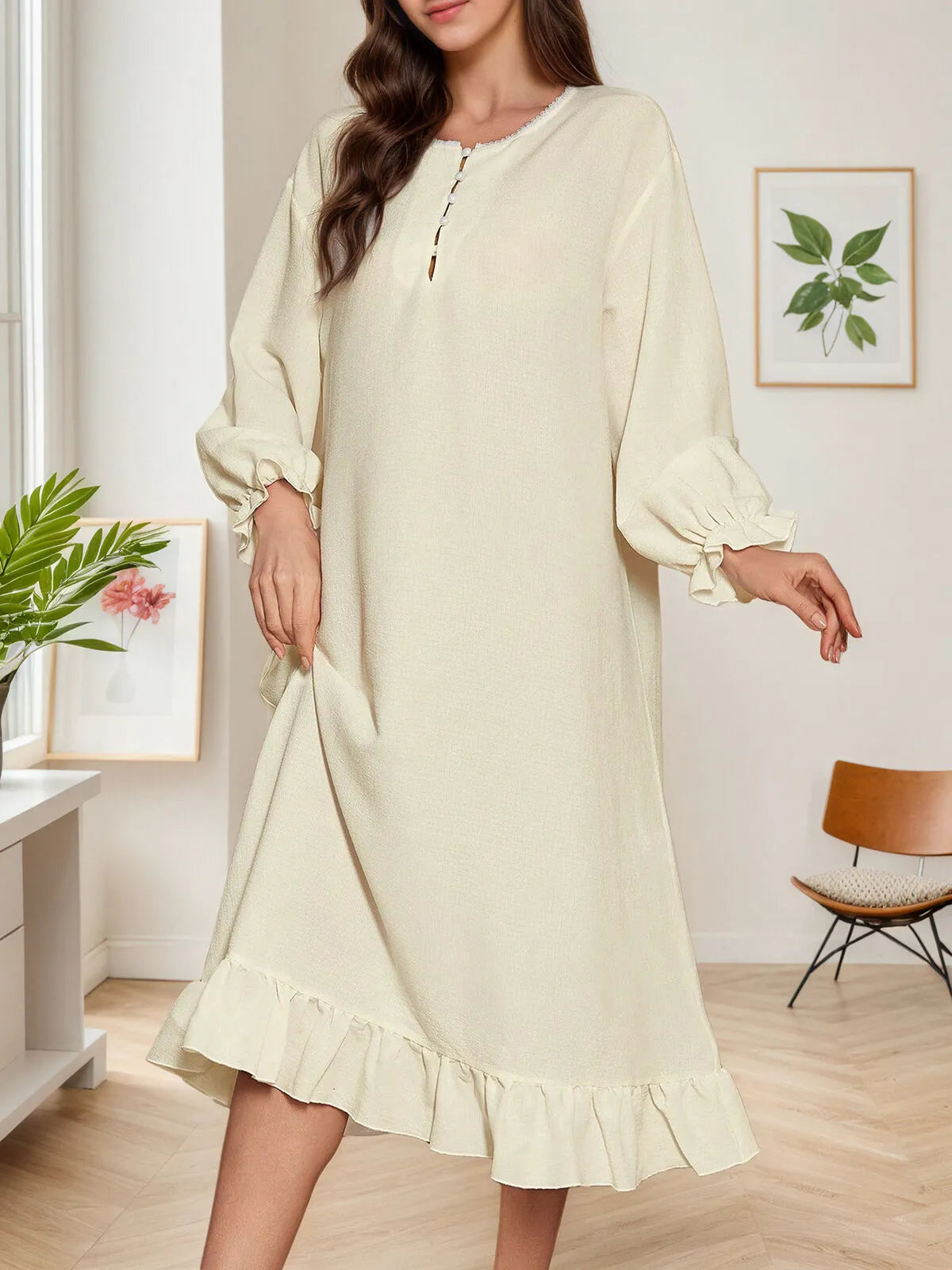 Solid Ruffles Lantern Long Sleeve Nightgown