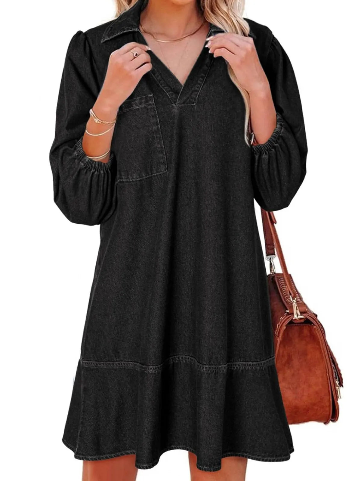 Solid Casual Fall Denim 3/4 Puff Sleeve Ruffles Lapel A-line Dress
