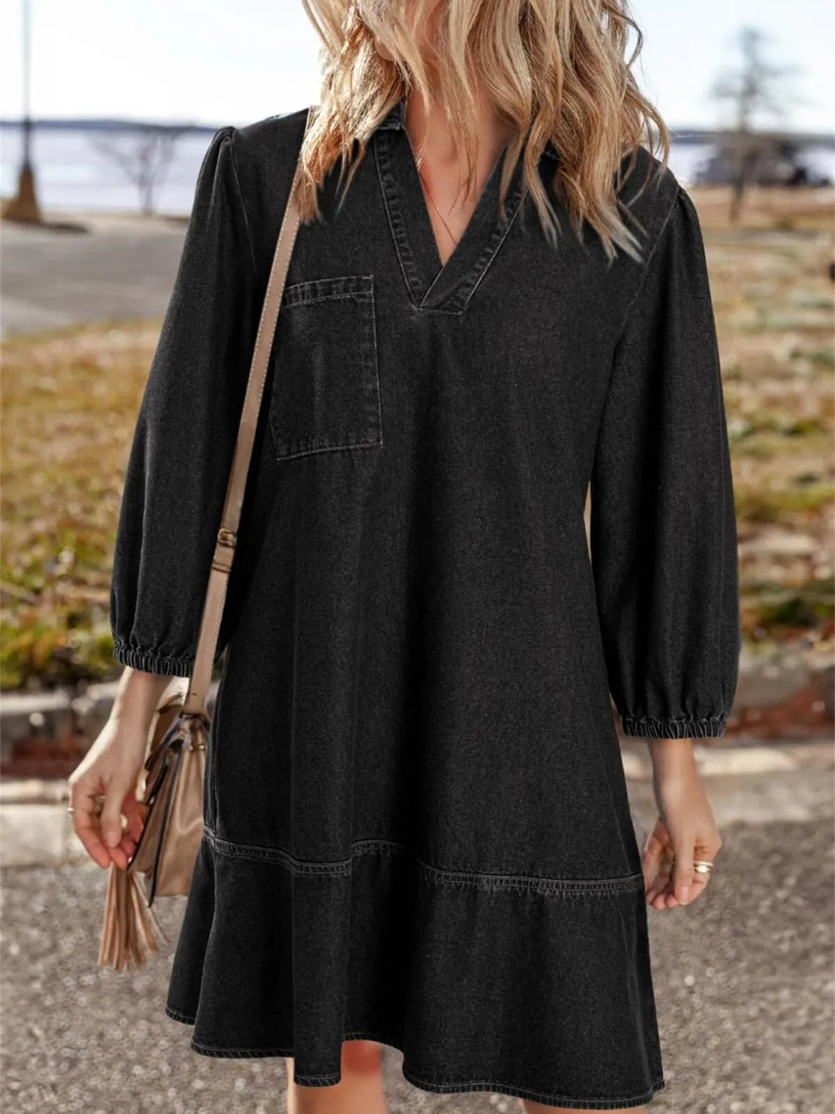 Solid Casual Fall Denim 3/4 Puff Sleeve Ruffles Lapel A-line Dress