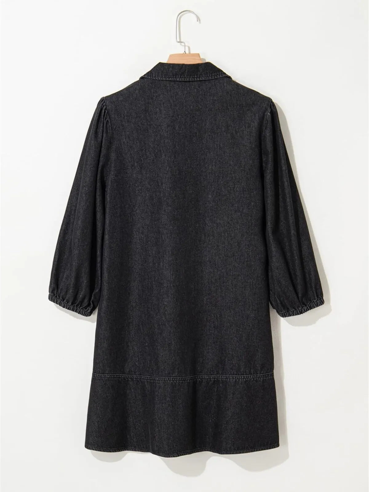 Solid Casual Fall Denim 3/4 Puff Sleeve Ruffles Lapel A-line Dress