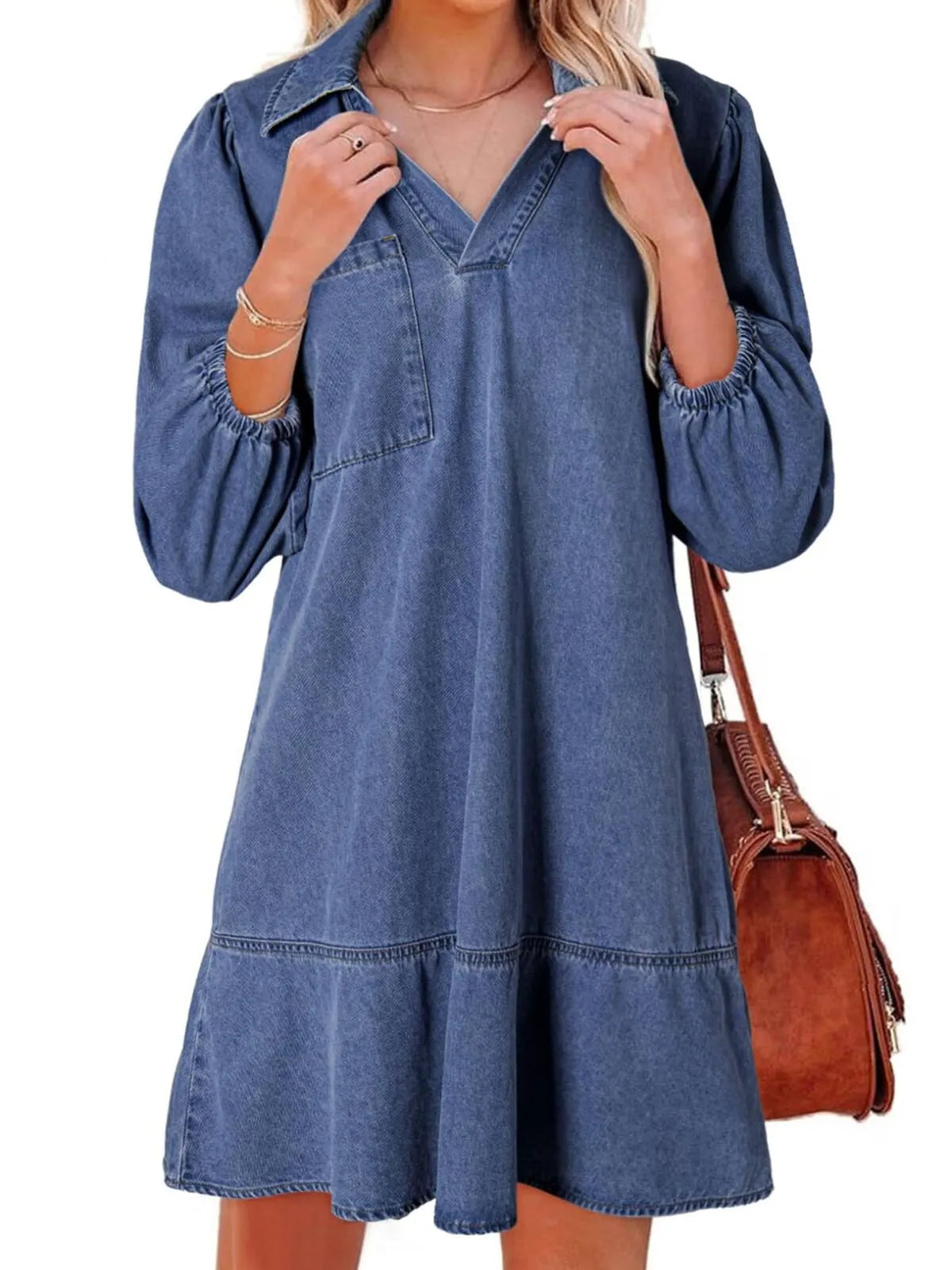 Solid Casual Fall Denim 3/4 Puff Sleeve Ruffles Lapel A-line Dress