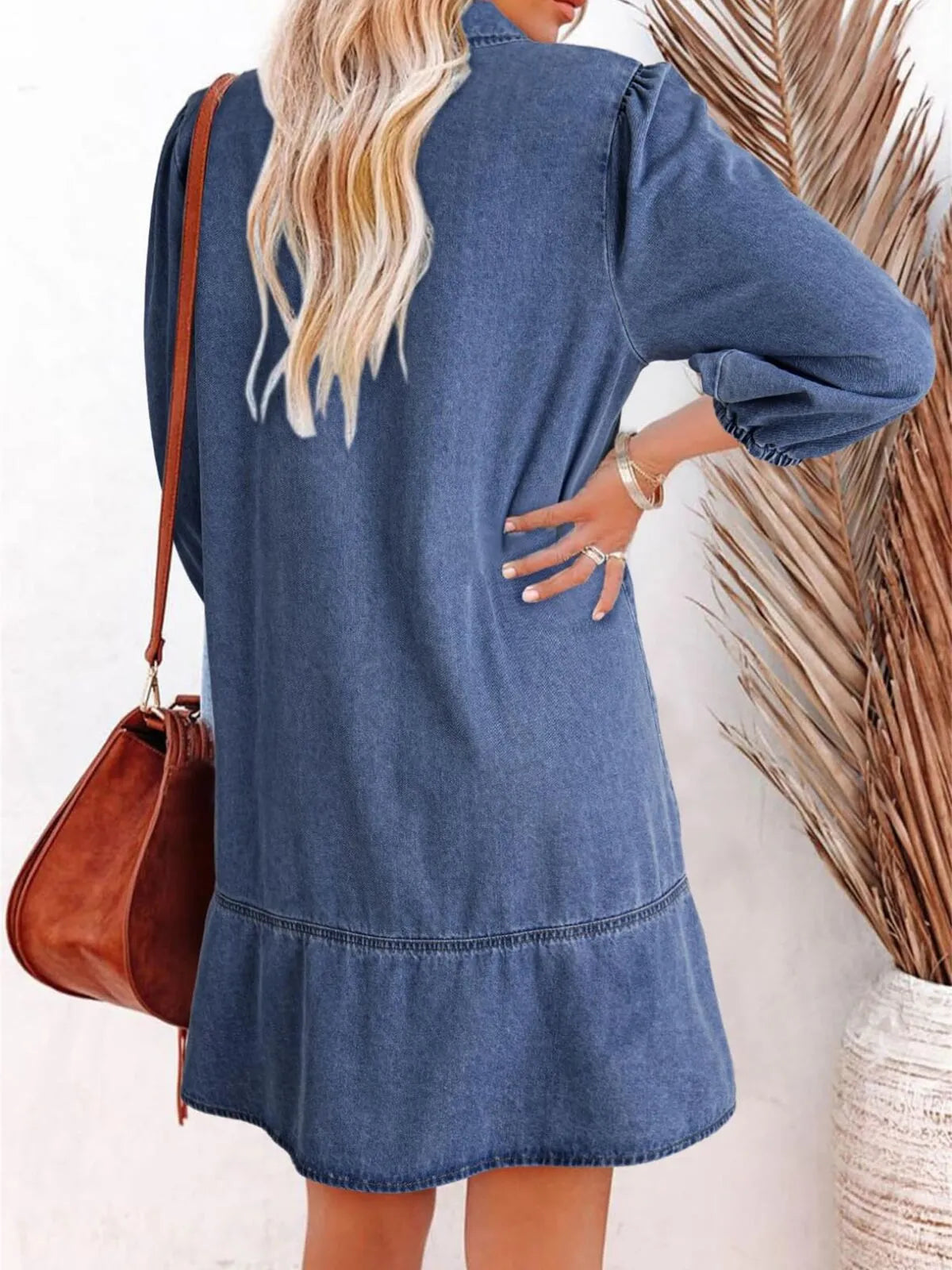 Solid Casual Fall Denim 3/4 Puff Sleeve Ruffles Lapel A-line Dress