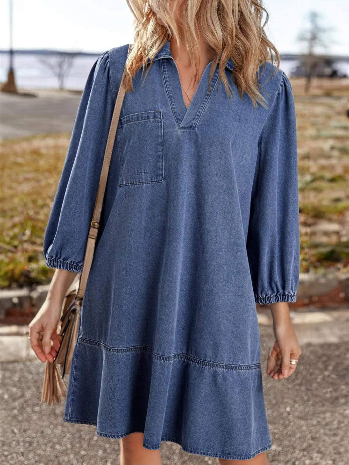Solid Casual Fall Denim 3/4 Puff Sleeve Ruffles Lapel A-line Dress