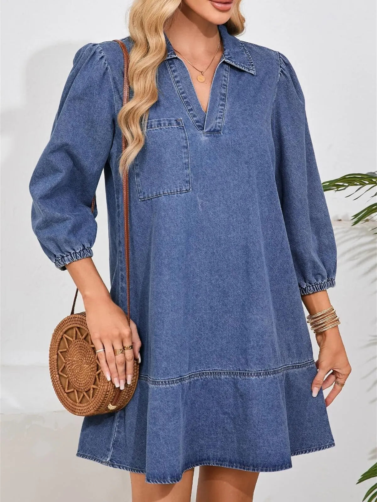 Solid Casual Fall Denim 3/4 Puff Sleeve Ruffles Lapel A-line Dress