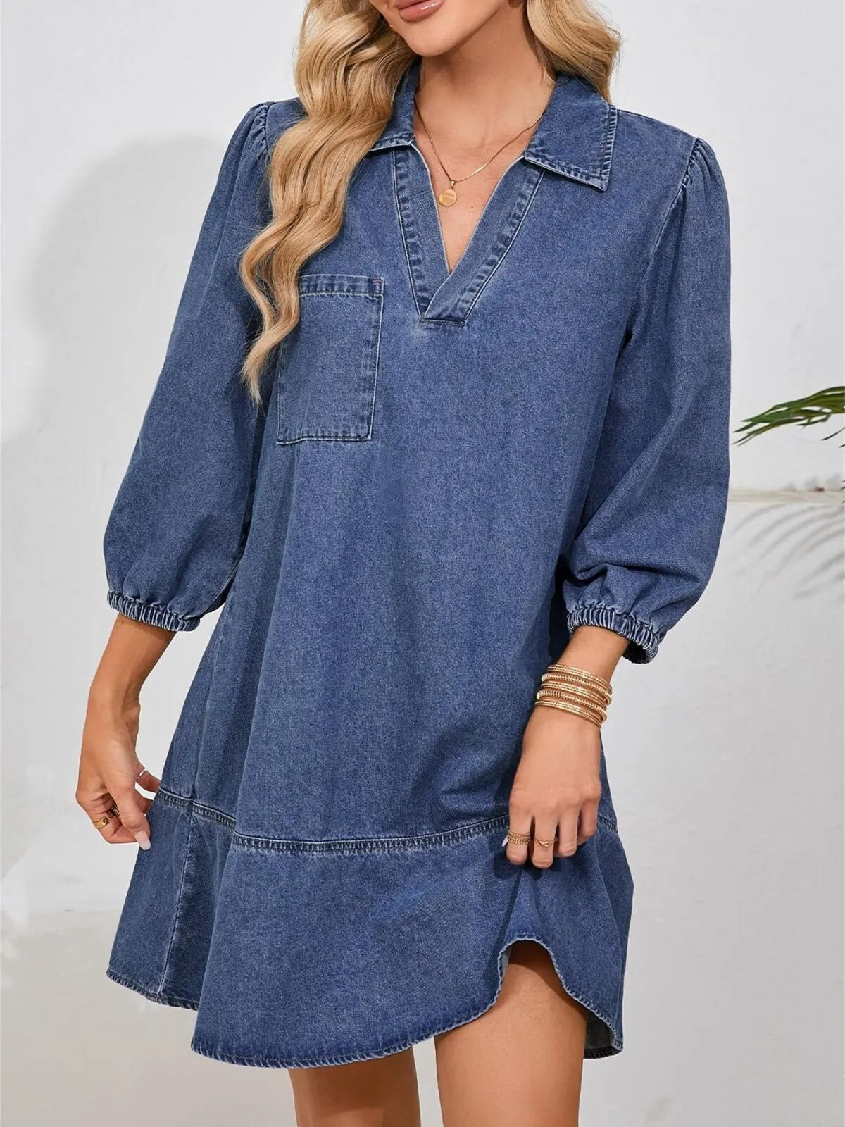 Solid Casual Fall Denim 3/4 Puff Sleeve Ruffles Lapel A-line Dress