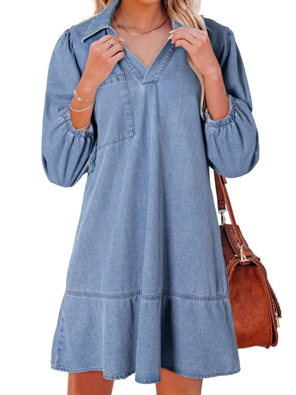 Solid Casual Fall Denim 3/4 Puff Sleeve Ruffles Lapel A-line Dress