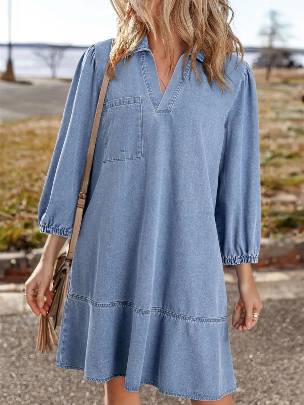 Solid Casual Fall Denim 3/4 Puff Sleeve Ruffles Lapel A-line Dress