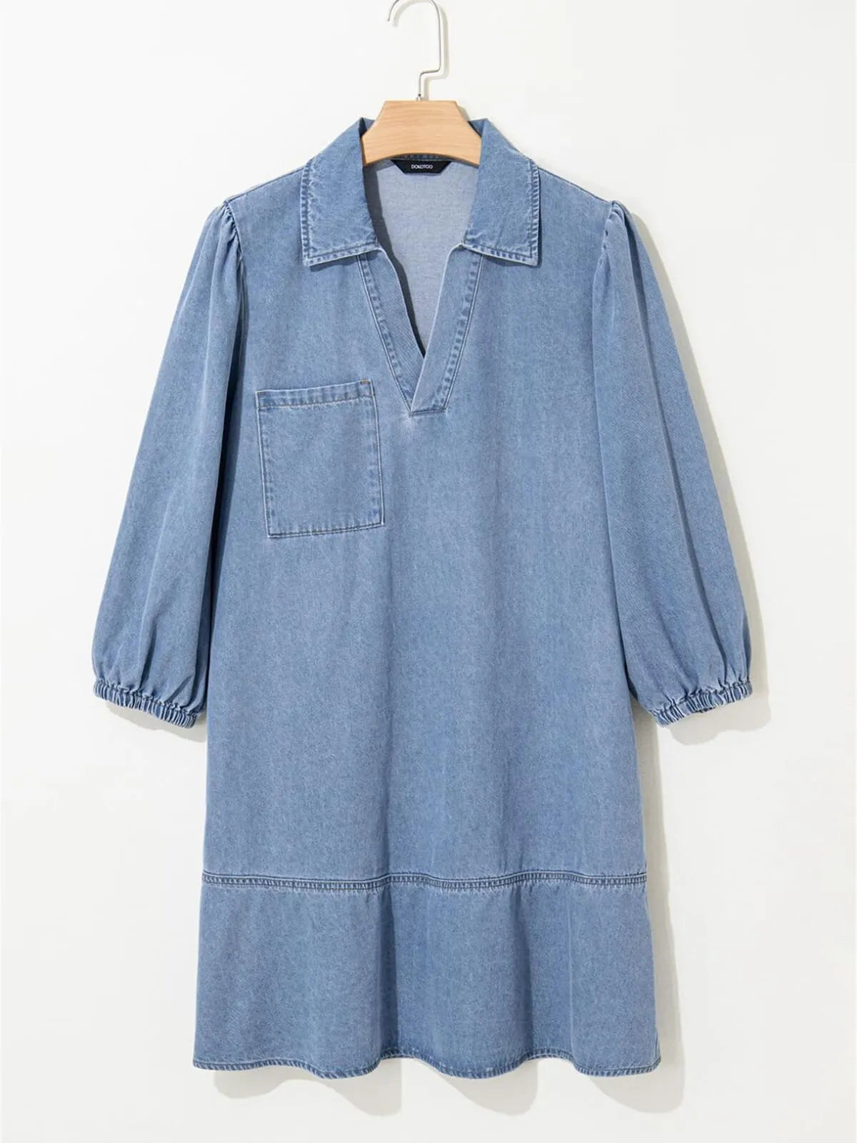 Solid Casual Fall Denim 3/4 Puff Sleeve Ruffles Lapel A-line Dress