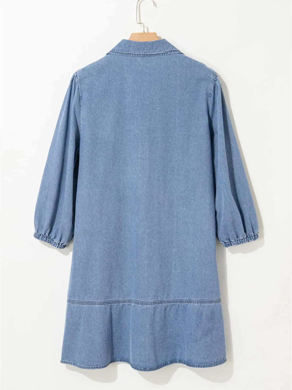 Solid Casual Fall Denim 3/4 Puff Sleeve Ruffles Lapel A-line Dress