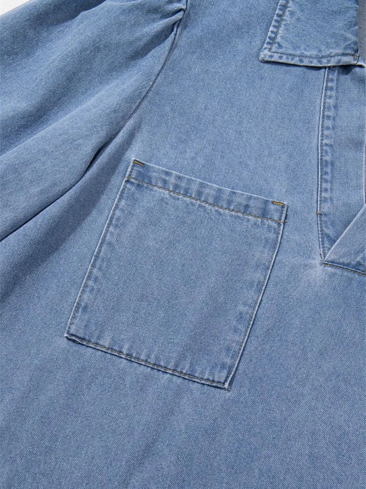 Solid Casual Fall Denim 3/4 Puff Sleeve Ruffles Lapel A-line Dress