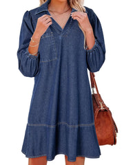 Solid Casual Fall Denim 3/4 Puff Sleeve Ruffles Lapel A-line Dress