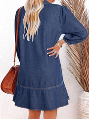 Solid Casual Fall Denim 3/4 Puff Sleeve Ruffles Lapel A-line Dress