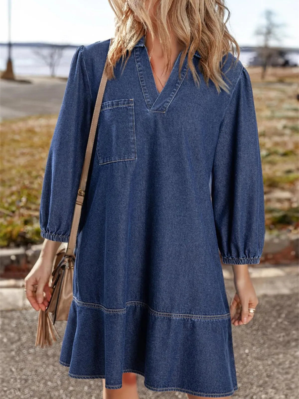 Solid Casual Fall Denim 3/4 Puff Sleeve Ruffles Lapel A-line Dress