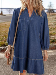 Solid Casual Fall Denim 3/4 Puff Sleeve Ruffles Lapel A-line Dress