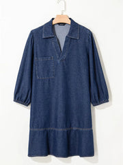 Solid Casual Fall Denim 3/4 Puff Sleeve Ruffles Lapel A-line Dress