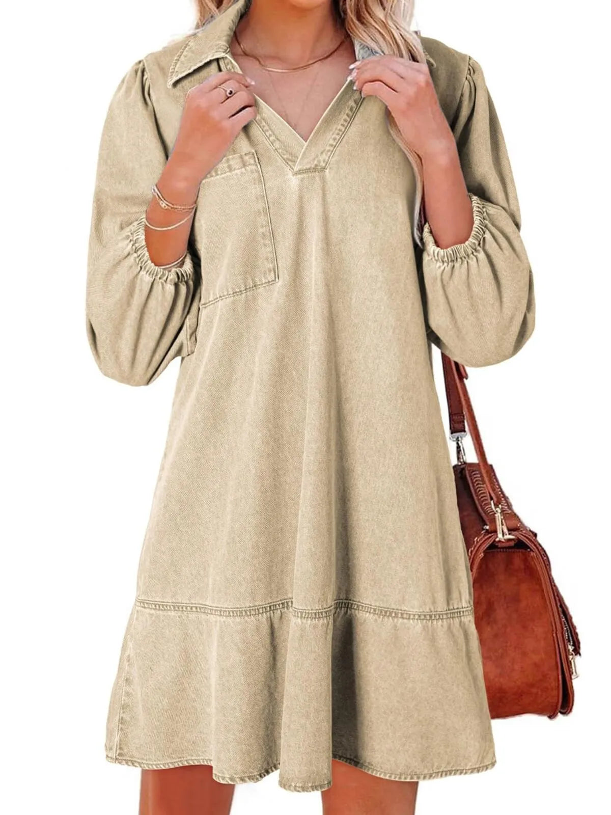 Solid Casual Fall Denim 3/4 Puff Sleeve Ruffles Lapel A-line Dress