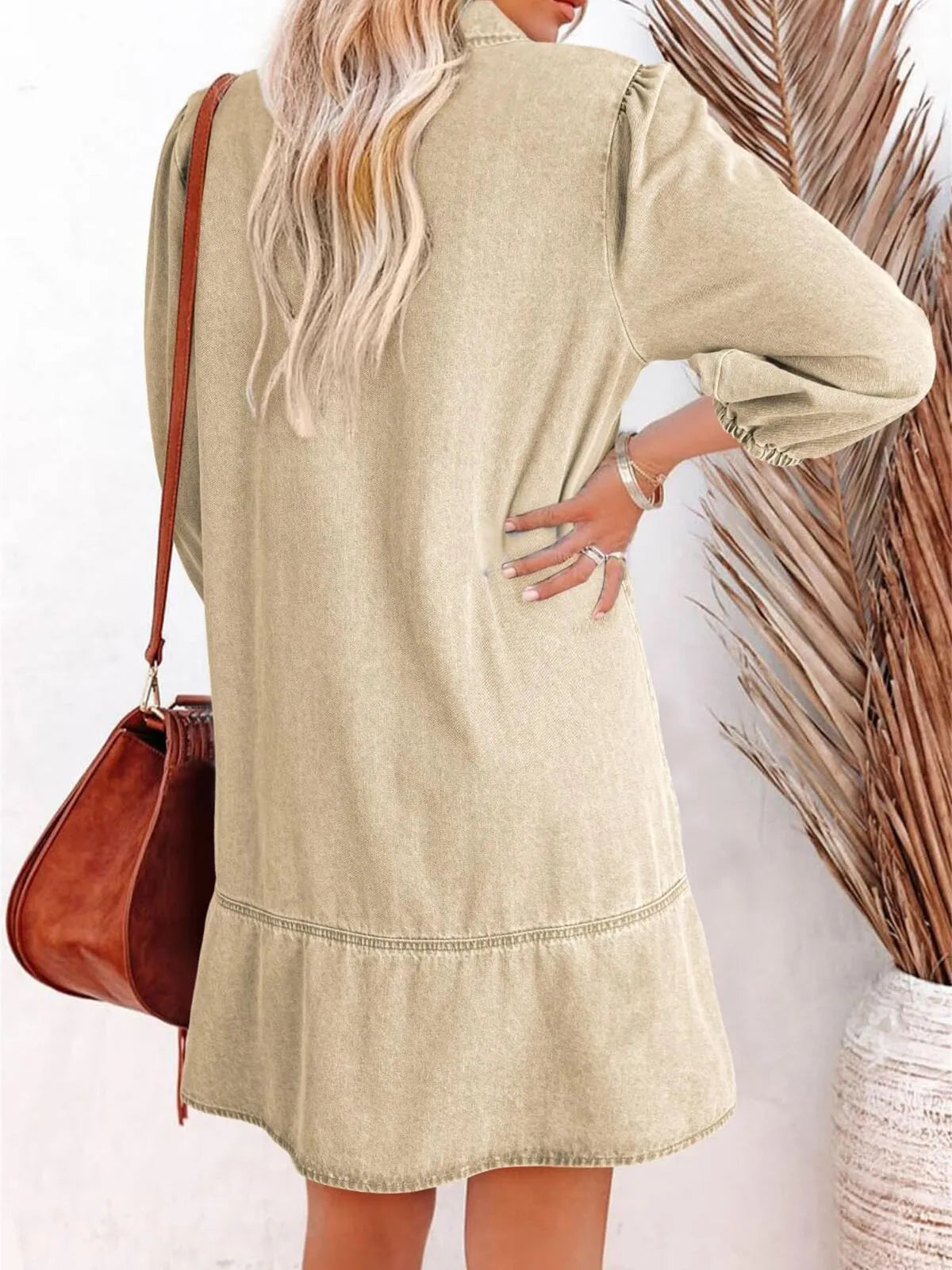 Solid Casual Fall Denim 3/4 Puff Sleeve Ruffles Lapel A-line Dress