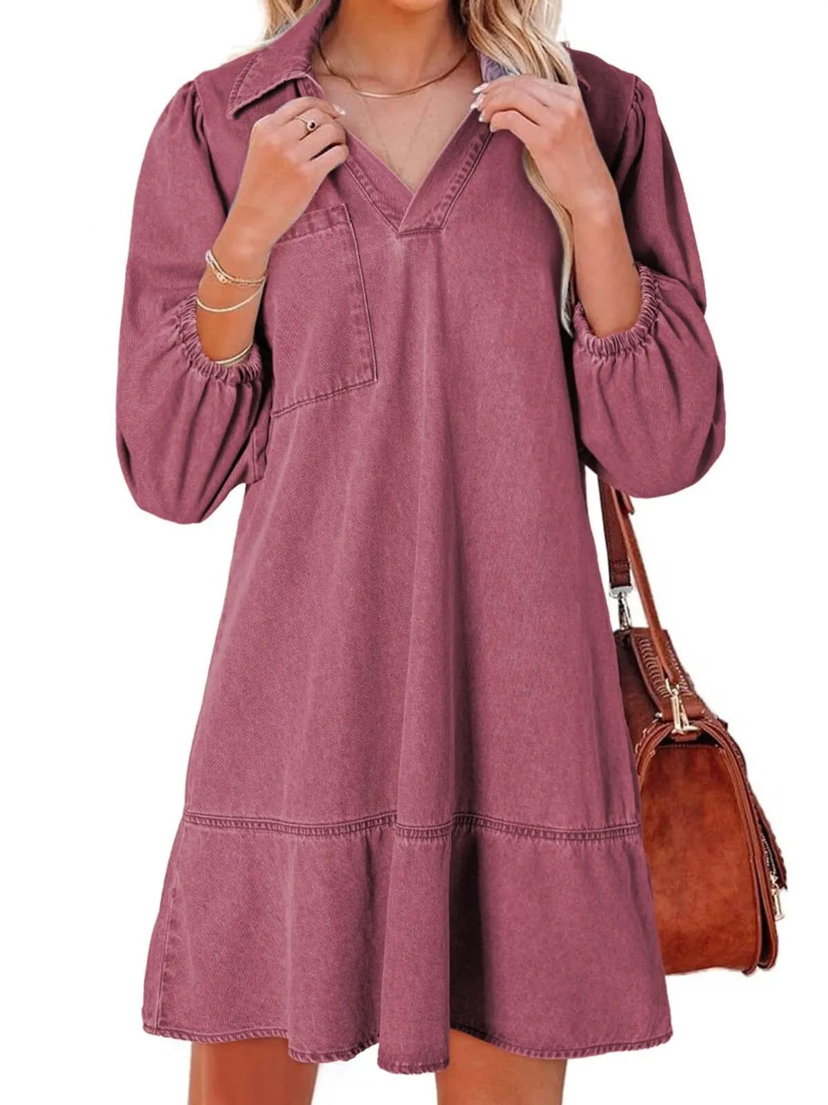 Solid Casual Fall Denim 3/4 Puff Sleeve Ruffles Lapel A-line Dress