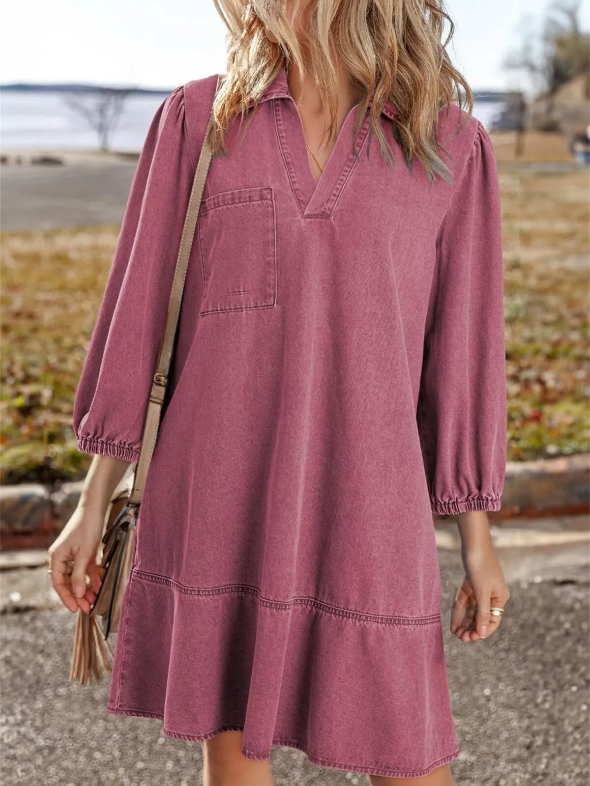 Solid Casual Fall Denim 3/4 Puff Sleeve Ruffles Lapel A-line Dress