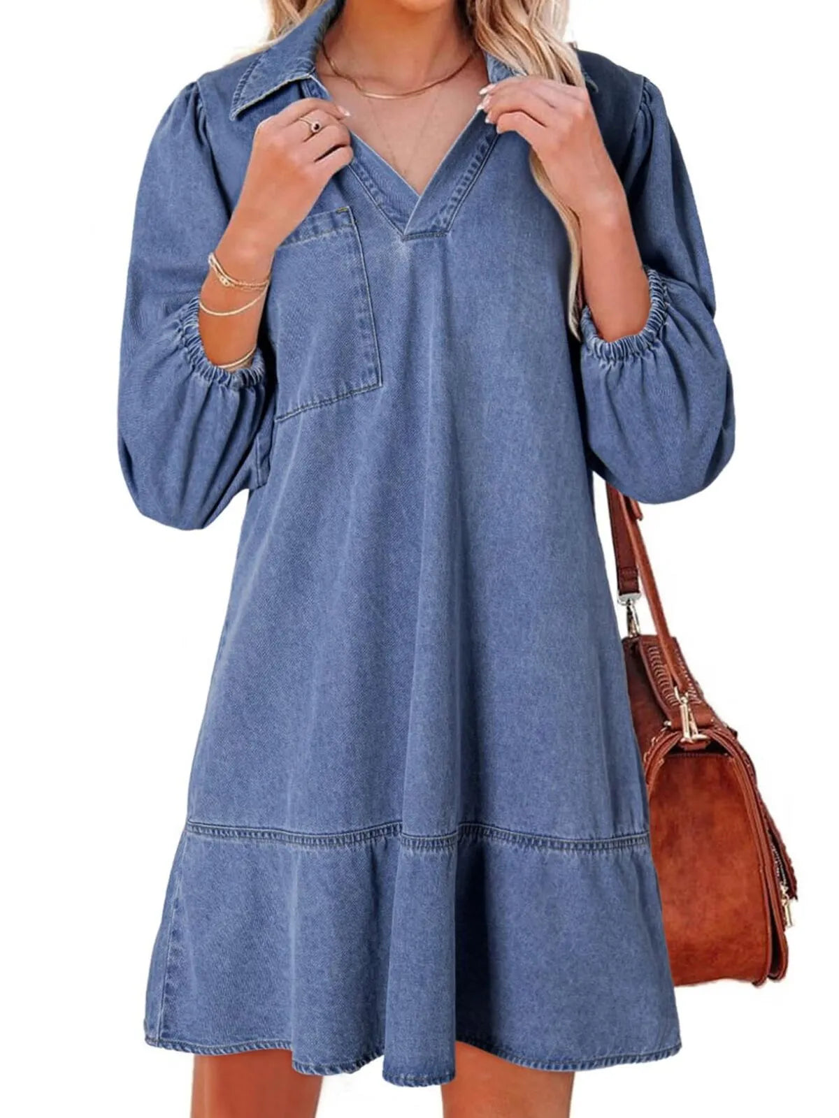 Solid Casual Fall Denim 3/4 Puff Sleeve Ruffles Lapel A-line Dress