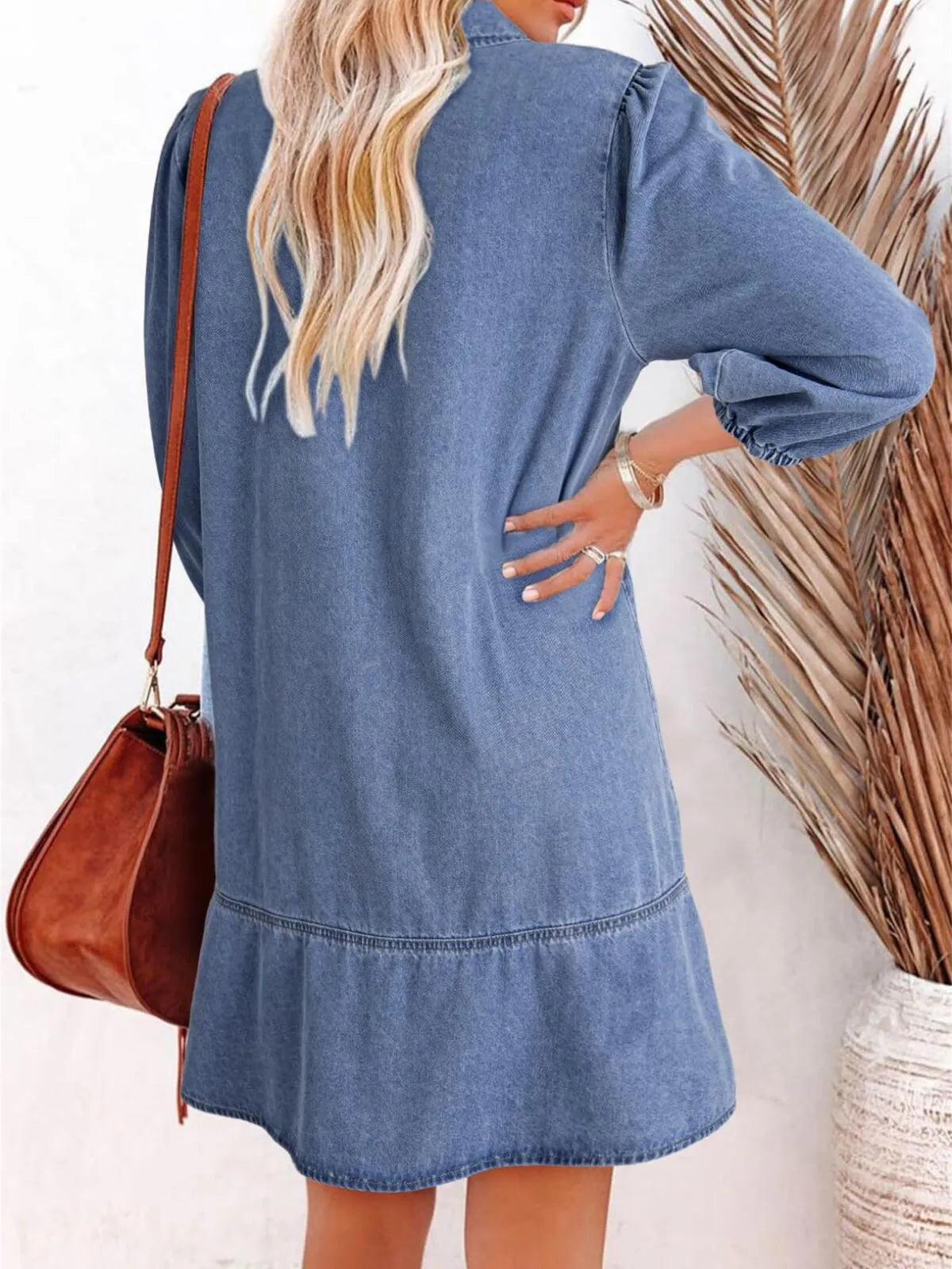 Solid Casual Fall Denim 3/4 Puff Sleeve Ruffles Lapel A-line Dress