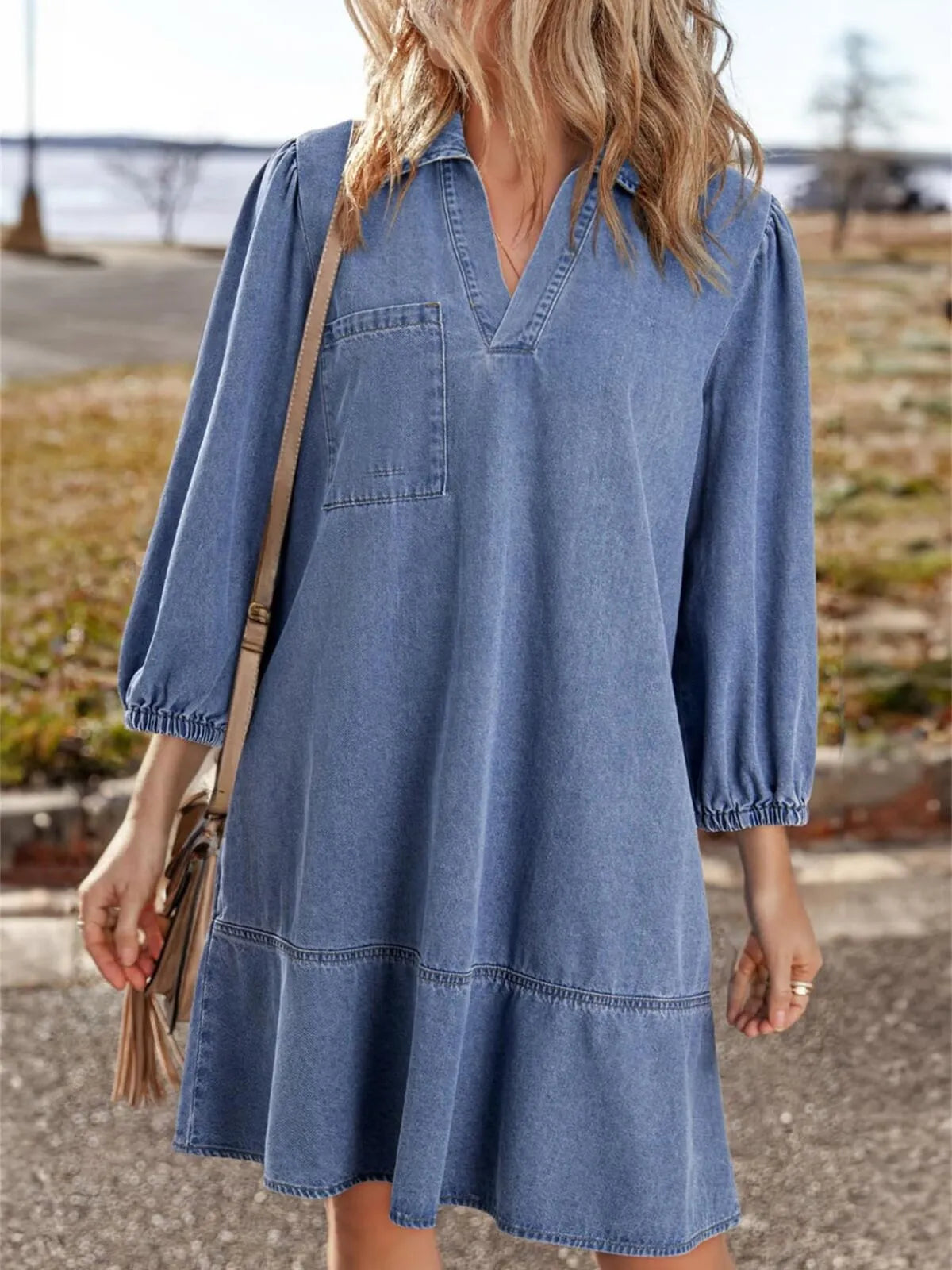 Solid Casual Fall Denim 3/4 Puff Sleeve Ruffles Lapel A-line Dress