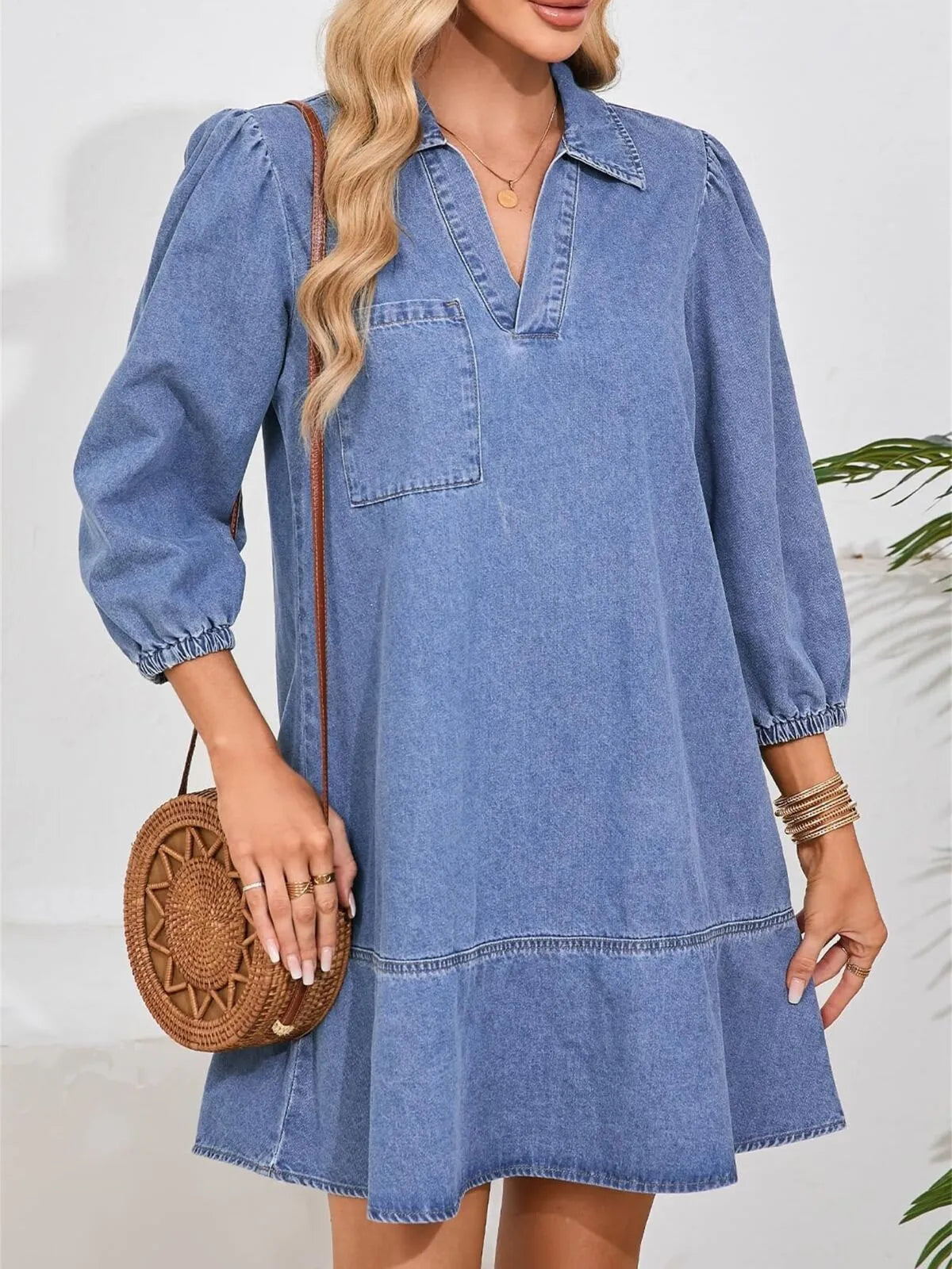Solid Casual Fall Denim 3/4 Puff Sleeve Ruffles Lapel A-line Dress